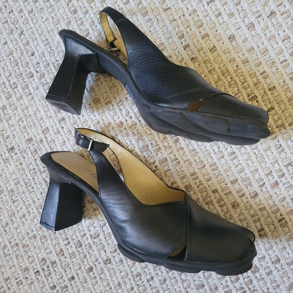Y2K Vintage Womens 7 Black Leather Slingback Heels Chunky Sole Peep Toe - Picture 3 of 7